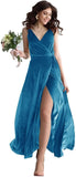 Velvet V Neck Bridesmaid Dress Long Women's Prom Formal Party Gown with Slit