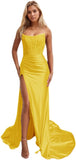 Women's Satin Lace Mermaid Prom Dresses Long with Slit 2025 Strapless Formal Evening Party Gown