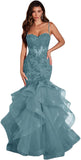 Women's Lace Applique Tulle Prom Dresses Long Mermaid Ruffles Sparkly Formal Evening Party Gown