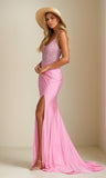 Women's Lace Applique Mermaid Prom Dresses Long with Slit Stretchy Satin V Neck Formal Evening Gown