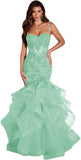 Women's Lace Applique Tulle Prom Dresses Long Mermaid Ruffles Sparkly Formal Evening Party Gown