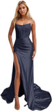 Women's Satin Lace Mermaid Prom Dresses Long with Slit 2025 Strapless Formal Evening Party Gown