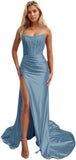 Women's Satin Lace Mermaid Prom Dresses Long with Slit 2025 Strapless Formal Evening Party Gown