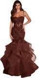 Women's Lace Applique Tulle Prom Dresses Long Mermaid Ruffles Sparkly Formal Evening Party Gown