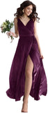 Velvet V Neck Bridesmaid Dress Long Women's Prom Formal Party Gown with Slit