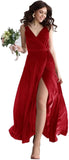 Velvet V Neck Bridesmaid Dress Long Women's Prom Formal Party Gown with Slit