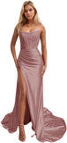 Women's Satin Lace Mermaid Prom Dresses Long with Slit 2025 Strapless Formal Evening Party Gown