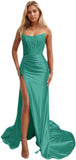 Women's Satin Lace Mermaid Prom Dresses Long with Slit 2025 Strapless Formal Evening Party Gown