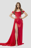 Red Satin Strapless Sleeveless Long Prom Dress with Front Slit