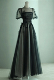 A Line Black Puff Sleeves Tulle Long Prom Dress Black Formal Evening Dress Y7334