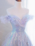 Purple Off Shoulder Sequin Tulle Long Prom Dress Purple Formal Evening Dresses Y4659