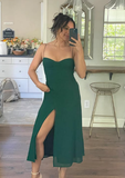 Simple Green Spaghetti Straps Evening Dress Slit Prom Dress Y7874