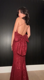 Elegant Burgundy Sequins Mermaid Evening Dress Backless Long Prom Dress With Bow Y8510