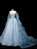 Dream Blue Tulle Beaded A Line Prom Dress Long Evening Dress Y8691