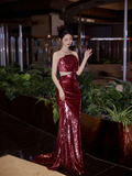 Burgundy Strapless Sequin Rose Flowers Prom Dress Mermaid Long Evening Dress Y8595