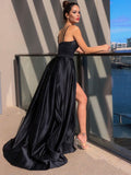 A-line Sleek Black Spaghetti Straps Long  Prom Dress with Slit and Ruffle