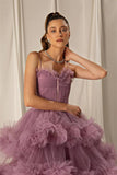 Tulle A-line Tiered Spaghetti-Straps Long Prom Dress