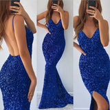 Royal Blue Long V-neck Mermaid Sequins Backless Prom Dress with Split