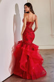 Women's Lace Applique Tulle Prom Dresses Long Mermaid Ruffles Sparkly Formal Evening Party Gown
