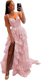Sparkly Tiered Lace Tulle Prom Dresses Long 2025 Spaghetti Straps Formal Corset Evening Gown with Slit