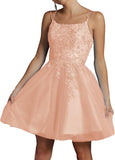 Modest Lace Beaded Tulle Homecoming Dresses Short Square Neck Prom Dress Spaghetti Straps Party Gown