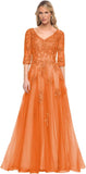 Women's V-Neck 3/4 Sleeve Mother of The Bride Dress A-line Tulle Lace Appliques Long Formal Party Dress QA117