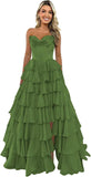 Strapless Corset Prom Dresses for Women 2025 Long Tiered Ruffle Chiffon Formal Evening Gown with Slit