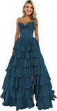 Strapless Corset Prom Dresses for Women 2025 Long Tiered Ruffle Chiffon Formal Evening Gown with Slit