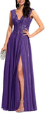 Chiffon Appliques Bridesmaid Dress Long V Neck Beaded Wedding Guest Gown with Split