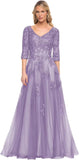 Women's V-Neck 3/4 Sleeve Mother of The Bride Dress A-line Tulle Lace Appliques Long Formal Party Dress QA117