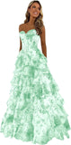 Strapless Corset Prom Dresses for Women 2025 Long Tiered Ruffle Chiffon Formal Evening Gown with Slit
