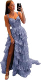 Sparkly Tiered Lace Tulle Prom Dresses Long 2025 Spaghetti Straps Formal Corset Evening Gown with Slit