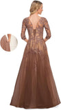 Women's V-Neck 3/4 Sleeve Mother of The Bride Dress A-line Tulle Lace Appliques Long Formal Party Dress QA117