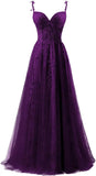 Lace Applique Tulle Prom Dresses for Women 2025 Spaghetti Straps Ball Gown Formal Evening Party Gown with Slit