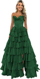 Strapless Corset Prom Dresses for Women 2025 Long Tiered Ruffle Chiffon Formal Evening Gown with Slit