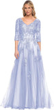 Women's V-Neck 3/4 Sleeve Mother of The Bride Dress A-line Tulle Lace Appliques Long Formal Party Dress QA117