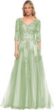 Women's V-Neck 3/4 Sleeve Mother of The Bride Dress A-line Tulle Lace Appliques Long Formal Party Dress QA117