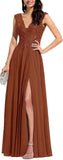 Chiffon Appliques Bridesmaid Dress Long V Neck Beaded Wedding Guest Gown with Split
