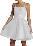 Modest Lace Beaded Tulle Homecoming Dresses Short Square Neck Prom Dress Spaghetti Straps Party Gown