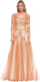 Women's V-Neck 3/4 Sleeve Mother of The Bride Dress A-line Tulle Lace Appliques Long Formal Party Dress QA117