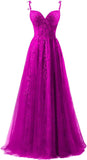 Lace Applique Tulle Prom Dresses for Women 2025 Spaghetti Straps Ball Gown Formal Evening Party Gown with Slit