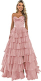 Strapless Corset Prom Dresses for Women 2025 Long Tiered Ruffle Chiffon Formal Evening Gown with Slit