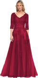 Women's V-Neck 3/4 Sleeve Mother of The Bride Dress A-line Tulle Lace Appliques Long Formal Party Dress QA117