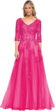Women's V-Neck 3/4 Sleeve Mother of The Bride Dress A-line Tulle Lace Appliques Long Formal Party Dress QA117
