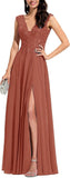 Chiffon Appliques Bridesmaid Dress Long V Neck Beaded Wedding Guest Gown with Split