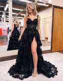 Sparkly Tiered Lace Tulle Prom Dresses Long 2025 Spaghetti Straps Formal Corset Evening Gown with Slit
