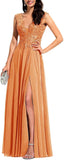 Chiffon Appliques Bridesmaid Dress Long V Neck Beaded Wedding Guest Gown with Split