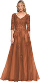 Women's V-Neck 3/4 Sleeve Mother of The Bride Dress A-line Tulle Lace Appliques Long Formal Party Dress QA117