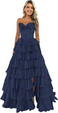 Strapless Corset Prom Dresses for Women 2025 Long Tiered Ruffle Chiffon Formal Evening Gown with Slit