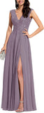 Chiffon Appliques Bridesmaid Dress Long V Neck Beaded Wedding Guest Gown with Split